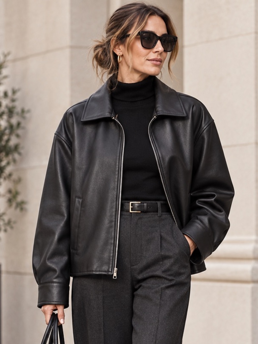 BCBGMaxAzria Black Vegan Leather Boyfriend Bomber Jacket | Minimalist Classic